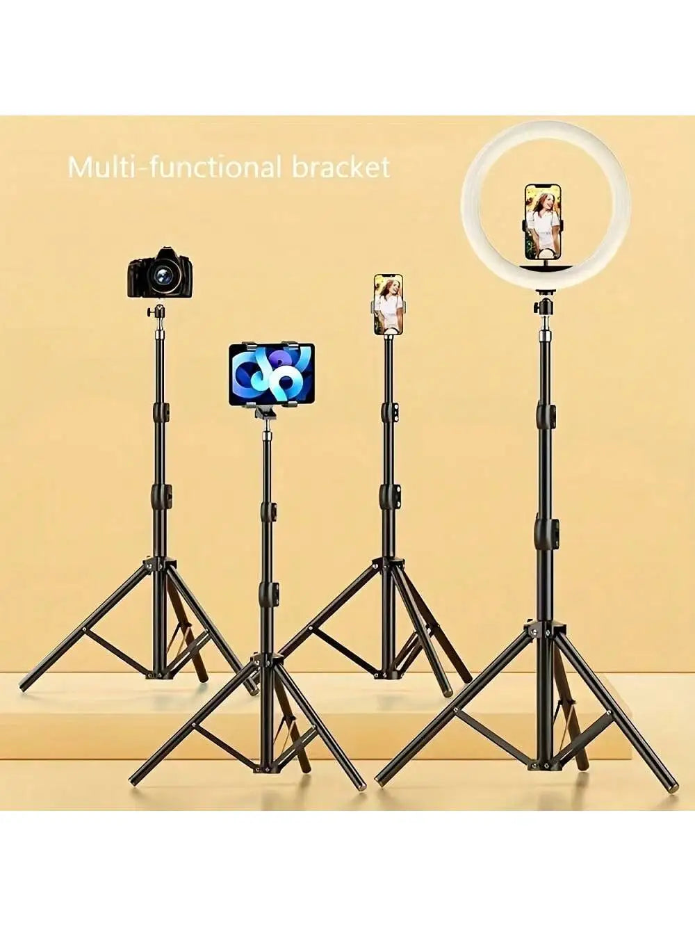 A set of three black multifunctional tripods are displayed, holding a camera, a smartphone, and a ring light.