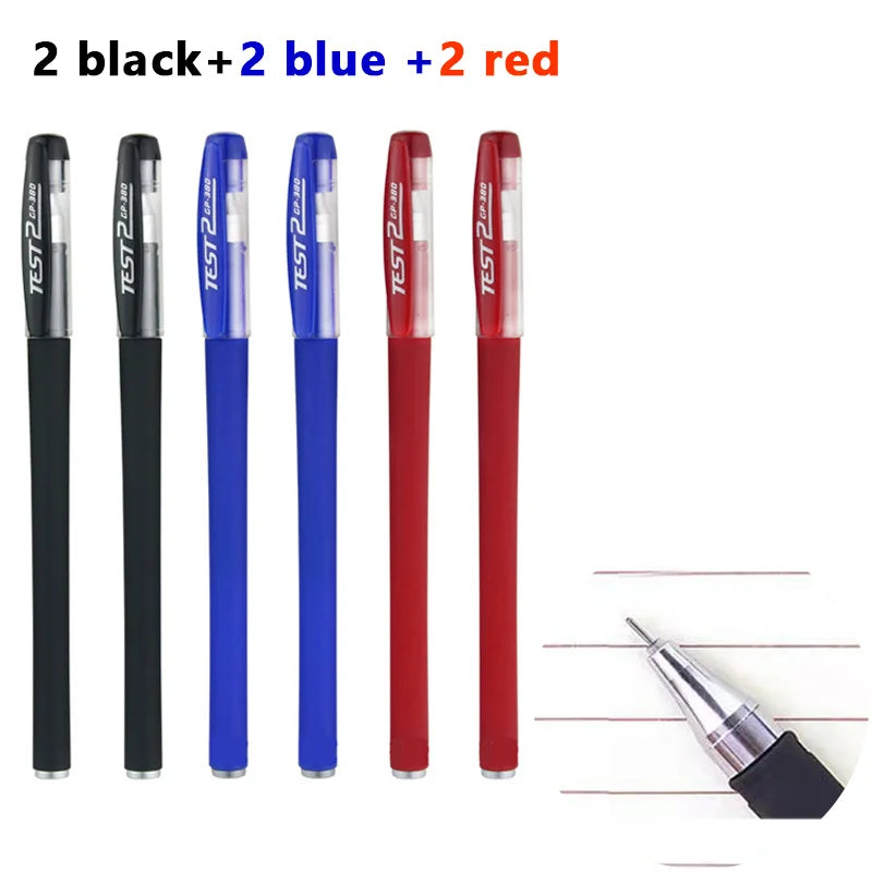 Un juego de siete bolígrafos de gel en colores negro, azul y rojo, dispuestos verticalmente.