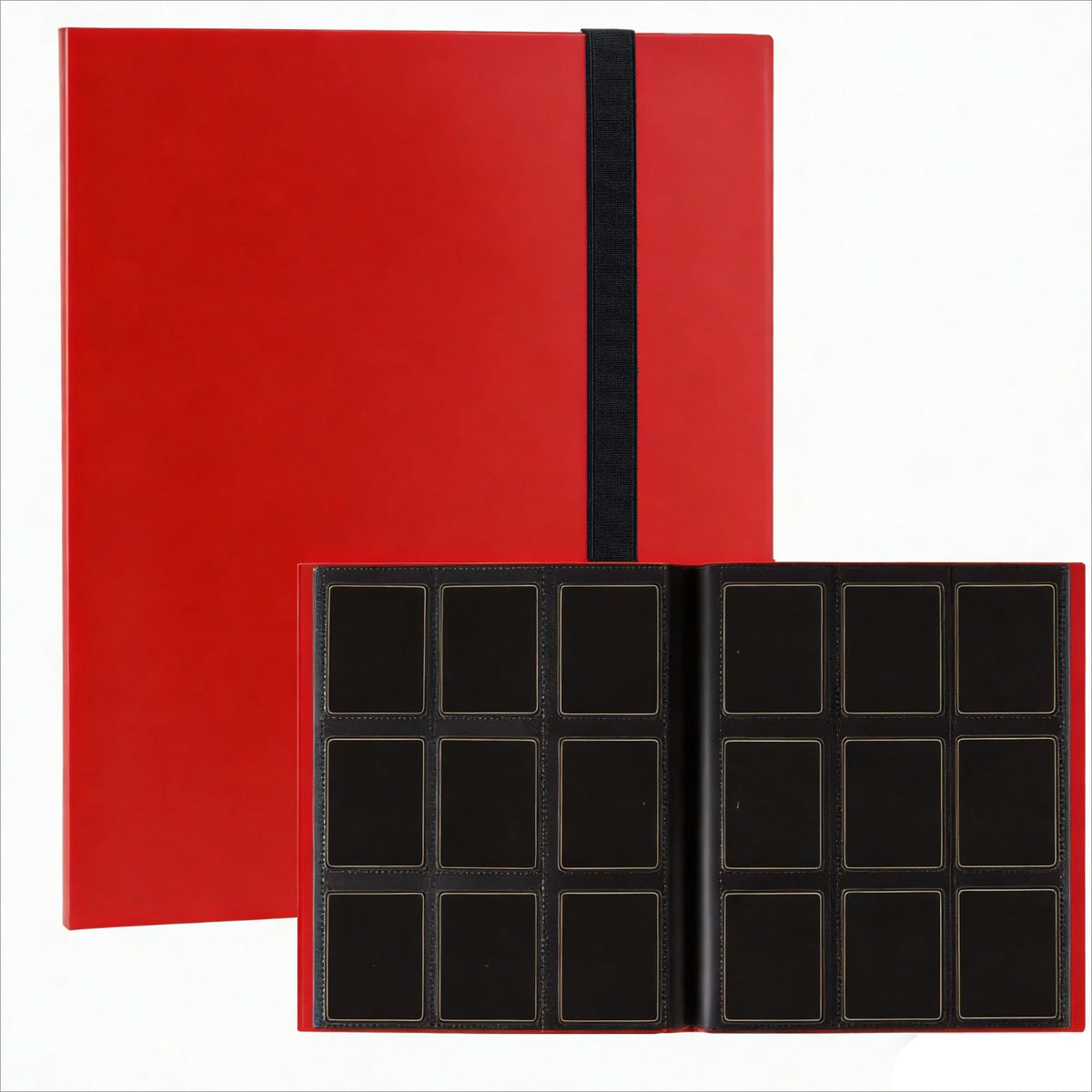 Un archivador rojo con lomo negro y una sección abierta mostrando nueve ranuras para tarjetas negras.