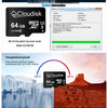 Cloudisk 64 GB MicroSD memory card and related product information displayed on a dark background.