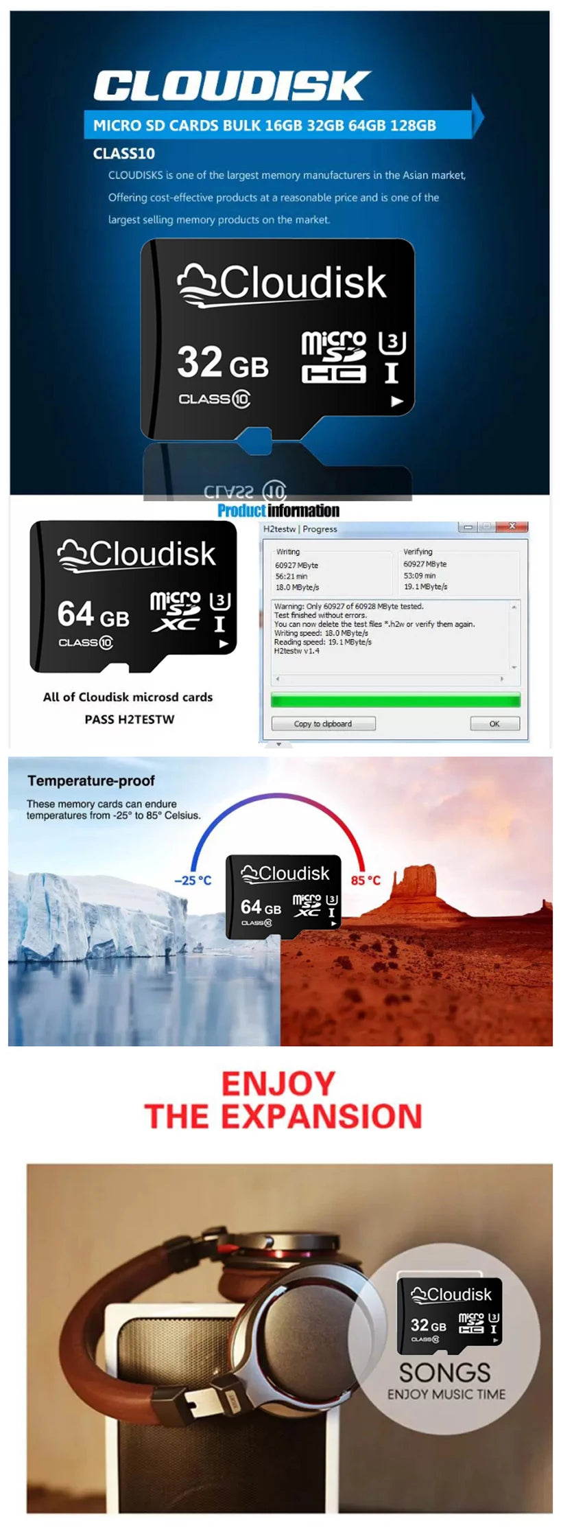 Cloudisk 64 GB MicroSD memory card and related product information displayed on a dark background.