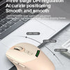 A beige dual-mode wireless mouse is shown next to a laptop, illustrating its three-stage DPI regulation features.