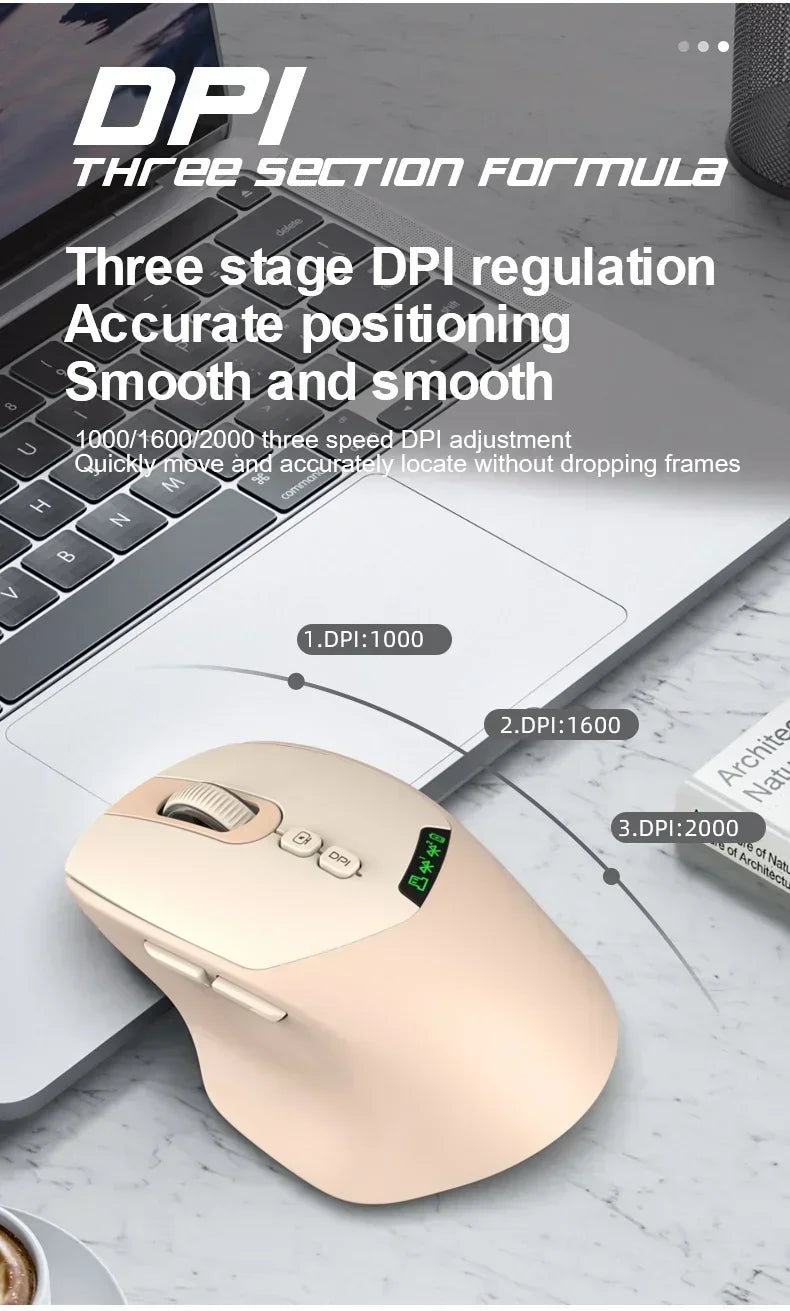 A beige dual-mode wireless mouse is shown next to a laptop, illustrating its three-stage DPI regulation features.