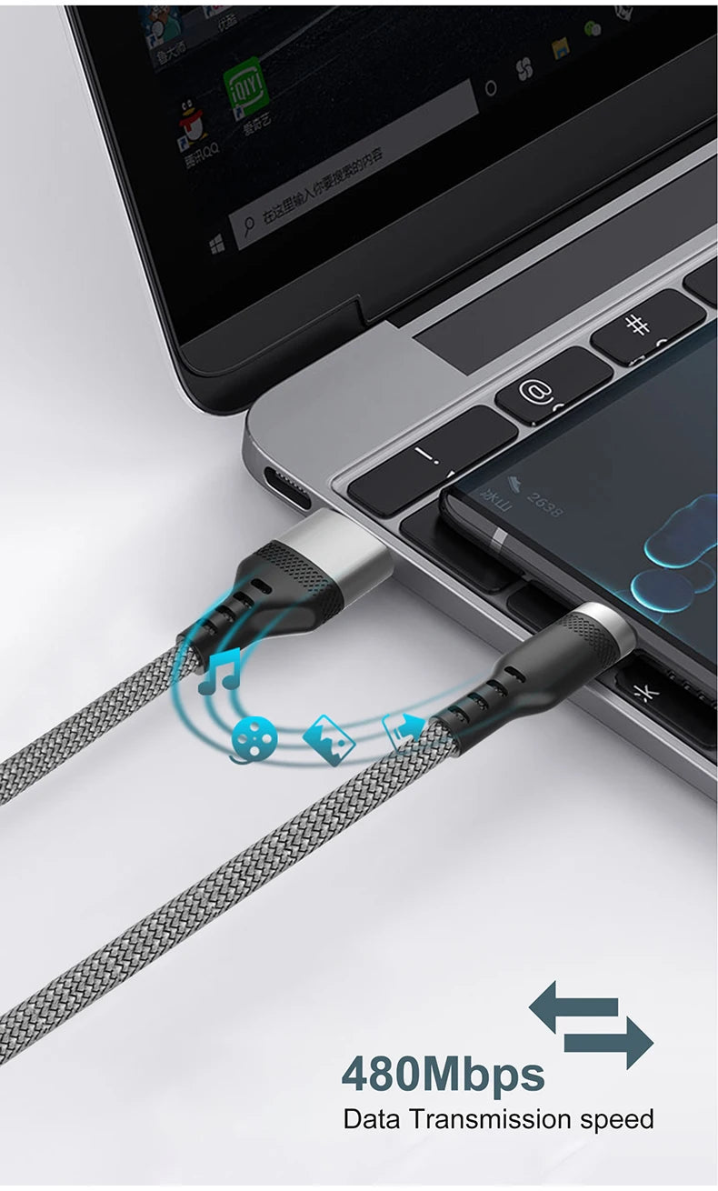 A braided nylon USB-C cable is shown connecting a device to a laptop, illustrating a 480Mbps data transmission speed.