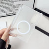 A clear silicone phone case for a Samsung Galaxy Z Fold featuring a circular cutout and magnetic hinge protection.