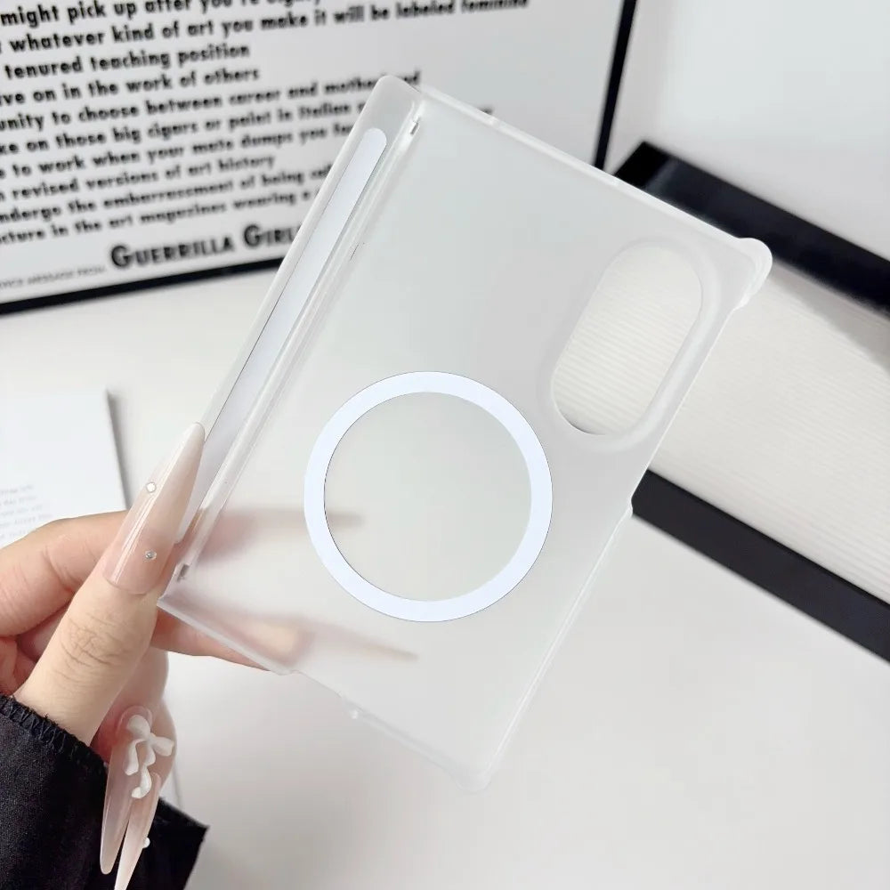 A clear silicone phone case for a Samsung Galaxy Z Fold featuring a circular cutout and magnetic hinge protection.