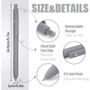 A gray smooth fine tip gel pen is shown with details about its retractable design, steel ball clip, and 0.5 mm writing tip.