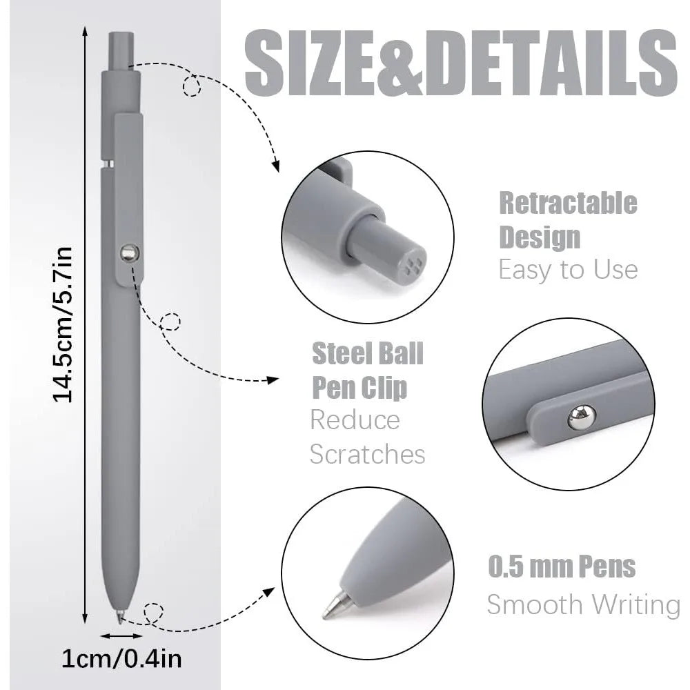 A gray smooth fine tip gel pen is shown with details about its retractable design, steel ball clip, and 0.5 mm writing tip.