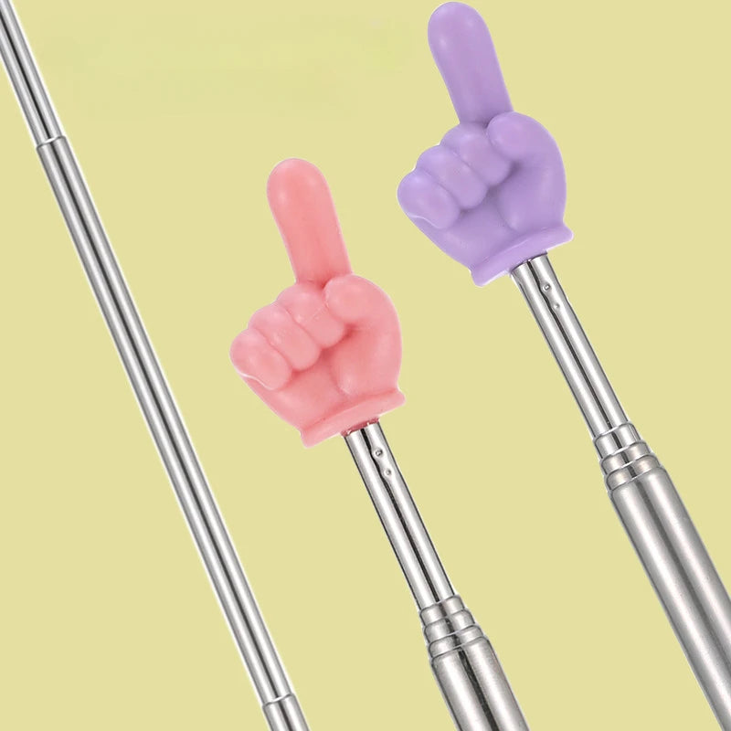 Two pink and purple plastic teaching pointers with silver telescopic metal shafts