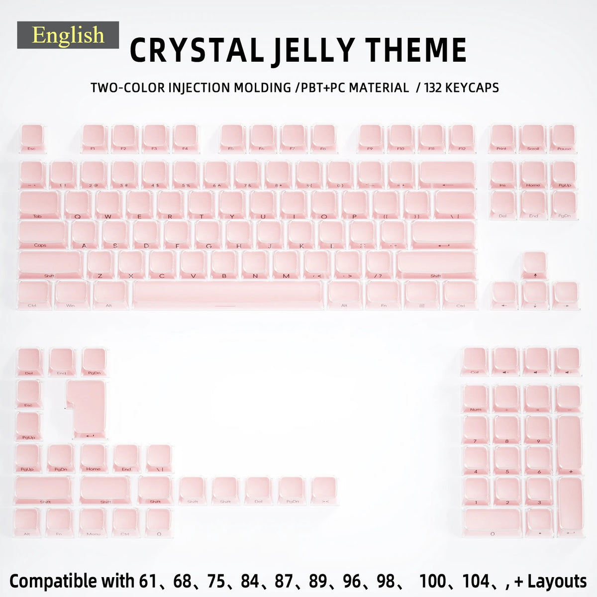 Pink crystal jelly theme two-color injection molded PBT+PC keycaps for mechanical keyboards