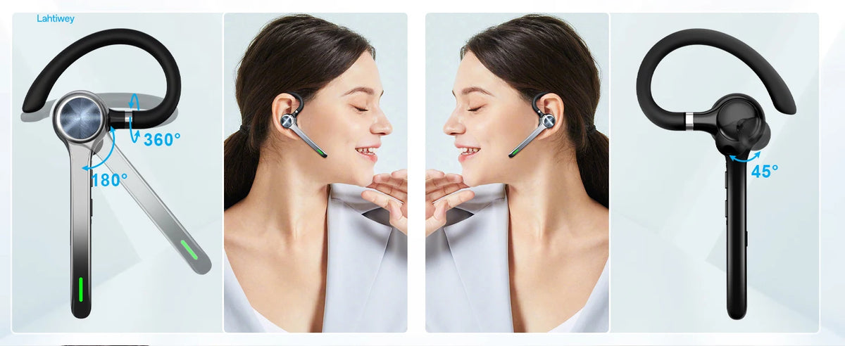 Three views of Bluetooth 5.3 wireless earbuds showing different angles and features.