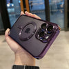 A hand holds a purple magnetic clear case with a plated finish for a MagSafe iPhone.