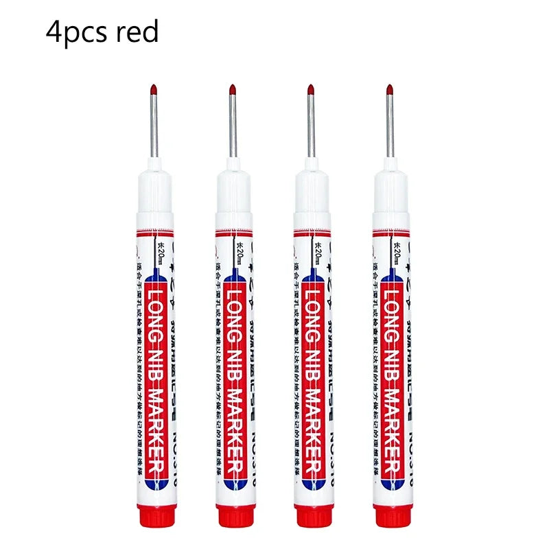 Four red long nib marker pens for deep hole marking on metal and wood.