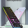 A close-up view of a mechanical keyboard with colorful keycaps and lighting, displayed on a stand.