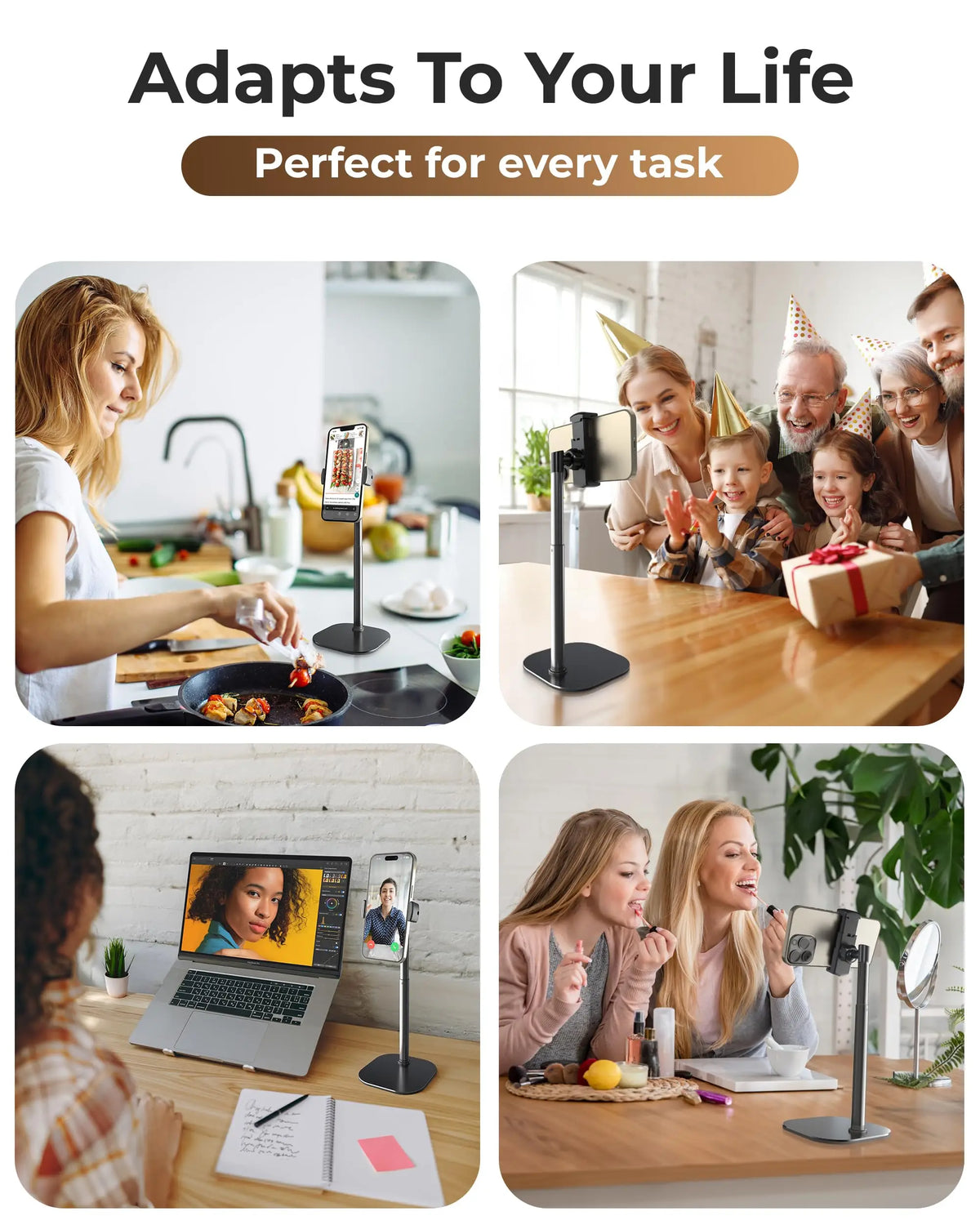 A set of adjustable metal phone tripod stands used for various tasks like cooking, filming, and general use.