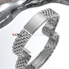 A close-up view of a polished stainless steel watch band with a folding clasp.