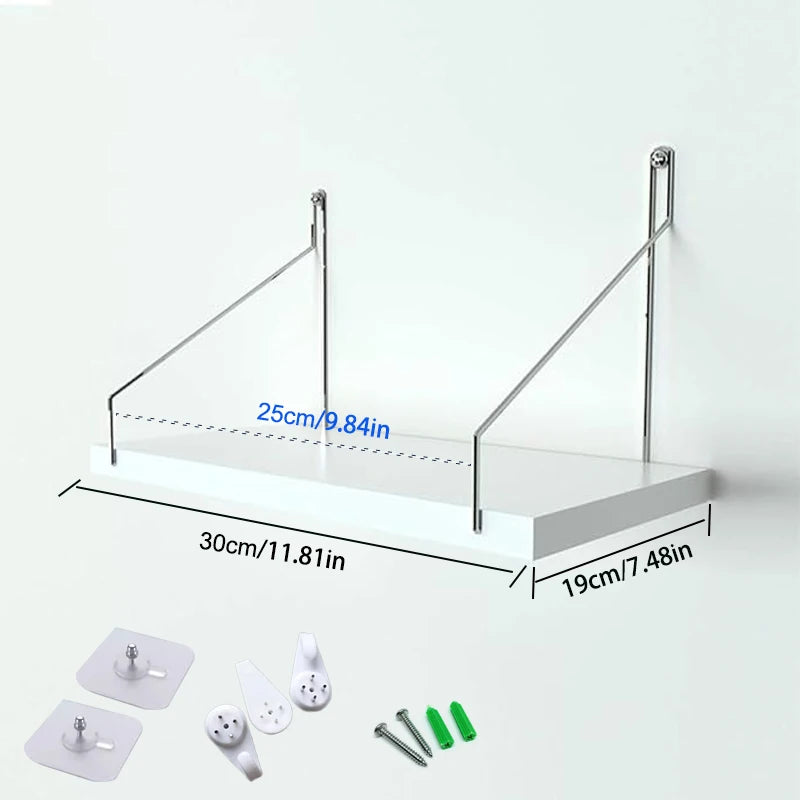 Wall-mounted projector stand showing the mounting bracket and adjustable arm with various accessories.