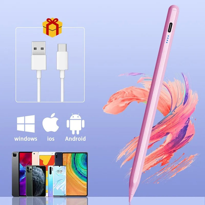 A pink universal capacitive stylus pen shown alongside various operating system logos and tablet devices.