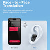 A mobile phone screen shows a face-to-face translation interface with text and audio icons, next to a white Bluetooth earbud.