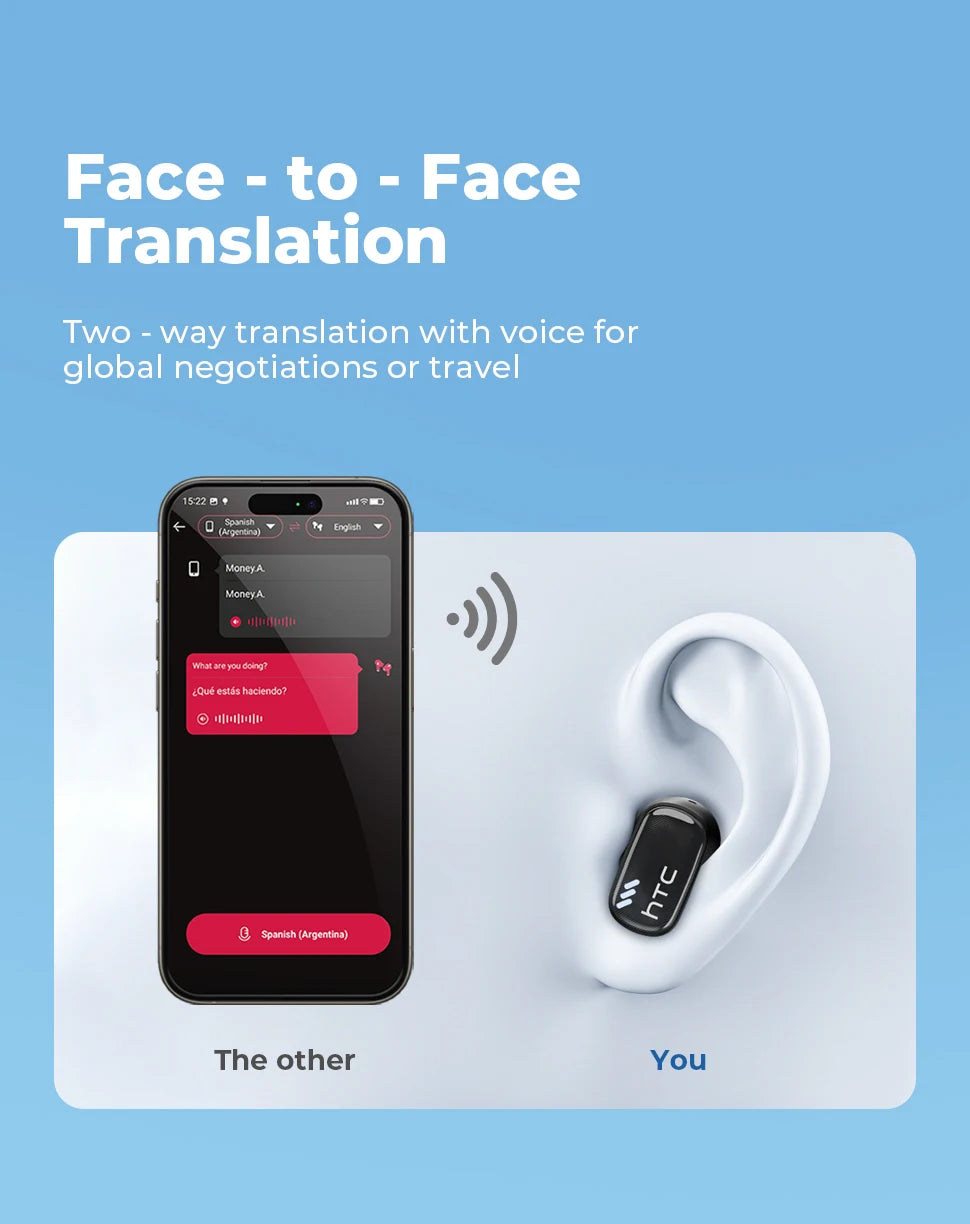 A mobile phone screen shows a face-to-face translation interface with text and audio icons, next to a white Bluetooth earbud.