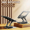 A black adjustable stand for a tablet or laptop, featuring 360° rotation and foldable design.
