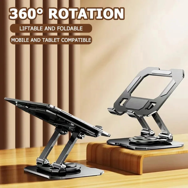 A black adjustable stand for a tablet or laptop, featuring 360° rotation and foldable design.