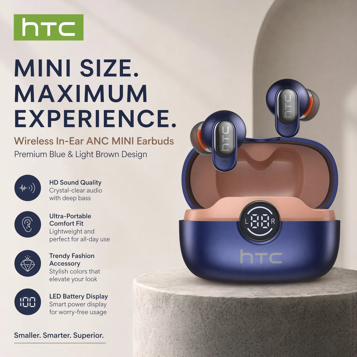 A pair of blue and light brown HTC mini wireless in-ear earbuds resting on a light gray surface.