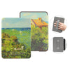 A brown leather case for a Kindle Paperwhite tablet featuring a landscape painting on the cover.