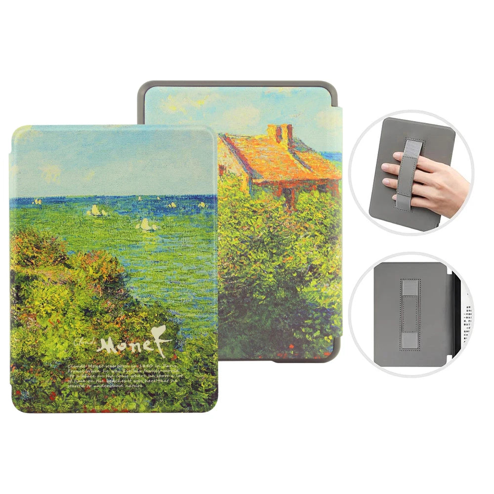 A brown leather case for a Kindle Paperwhite tablet featuring a landscape painting on the cover.