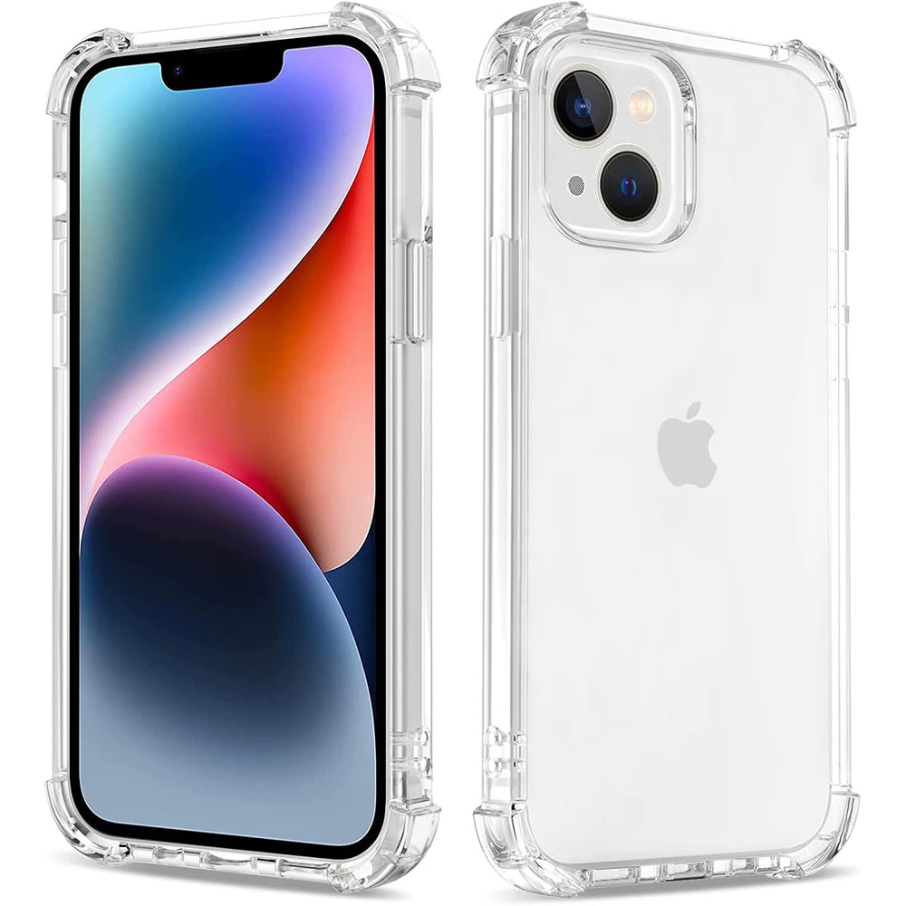 A clear shockproof phone case for an iPhone, showing both the front and back of the device.