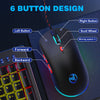 A black gaming mouse is shown next to a keyboard, highlighting its six button design and scroll wheel features.