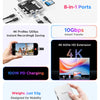A portable high-speed NVMe SSD to USB Hub dock with 8-in-1 ports and features like instant transfer, 4K recording, and 100W P