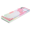 A close-up view of a pink and white wired USB mechanical keyboard with RGB backlight.