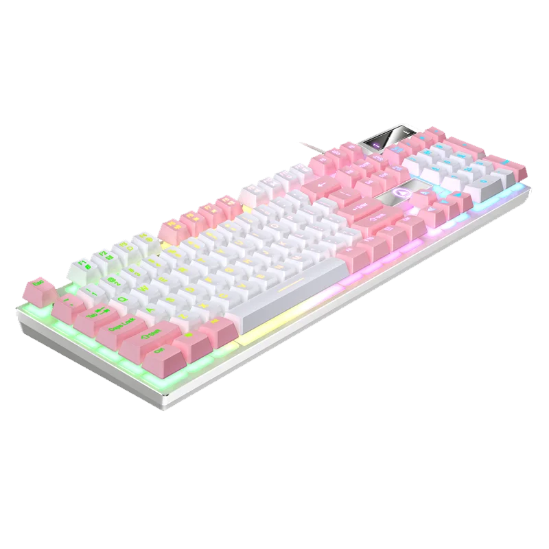 A close-up view of a pink and white wired USB mechanical keyboard with RGB backlight.