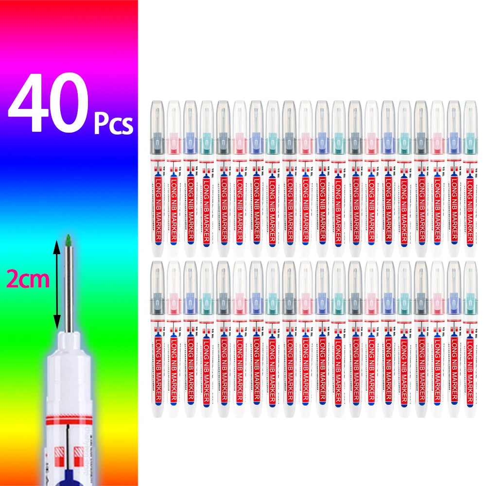 A row of 40 precision waterproof marking pens in various colors and tips for woodworking and crafts.