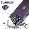 A purple iPhone case with a clear shock-absorbing bumper protecting the camera module from impact.