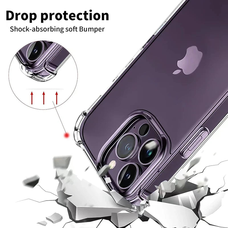 A purple iPhone case with a clear shock-absorbing bumper protecting the camera module from impact.