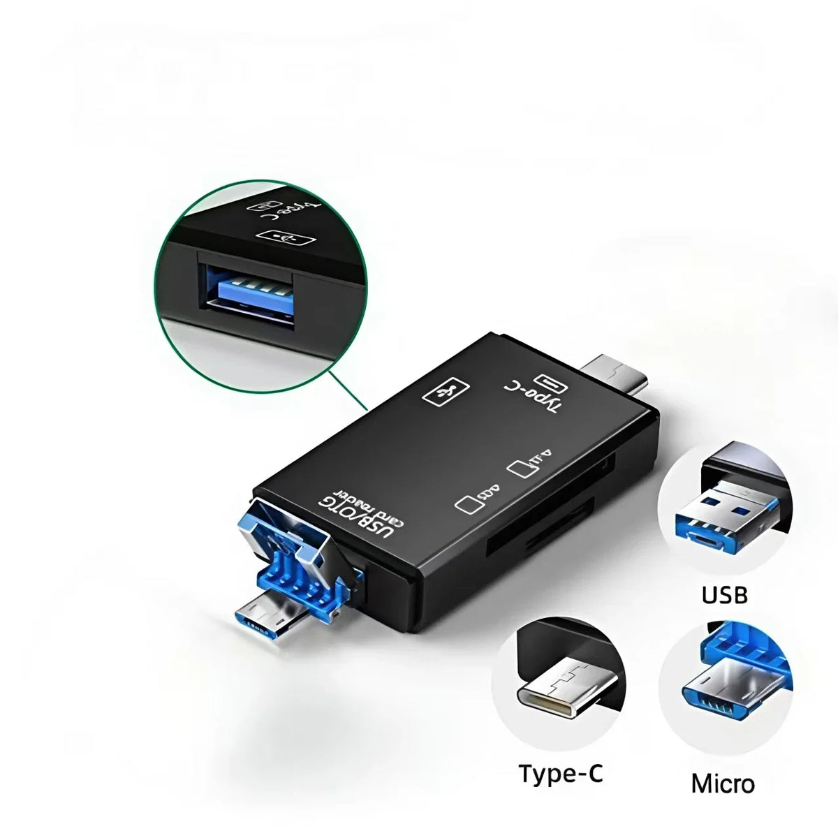 Schwarzer Mehrfachkartenleser-Adapter mit USB/SD- und Type-C-Anschlüssen