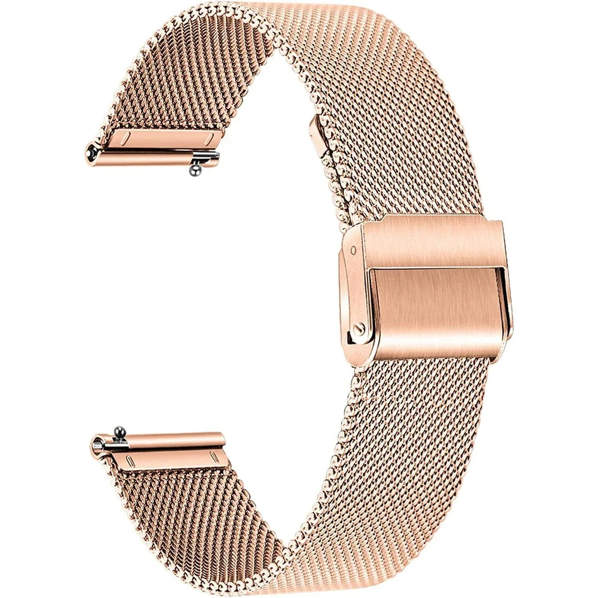 A close-up of a rose gold Milanese loop watch band with a quick release clasp and stainless steel mesh strap.