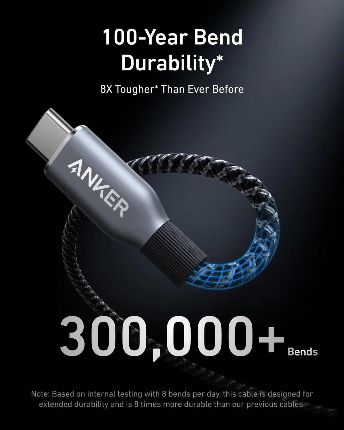 Anker 100-Jahres-Bend-Dauerhaftigkeit-Kabel, aufgewickelt vor dunklem Hintergrund.