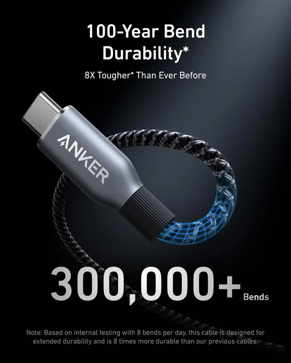 Anker 100-Year Bend Durability cable shown coiled against a dark background.