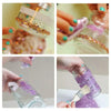 Close-up photos show a double-sided craft adhesive tape set with glitter in various colors being applied to clear liquid.