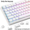 A close-up view of a white cat-themed shine-through keycap set displayed on a keyboard, with individual keycaps shown separat