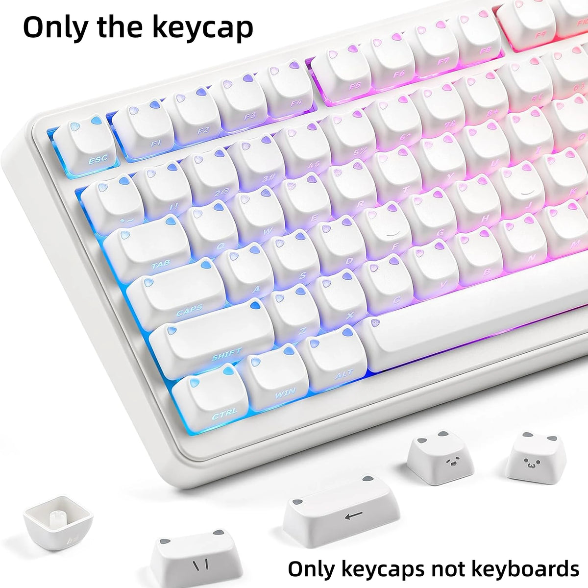 A close-up view of a white cat-themed shine-through keycap set displayed on a keyboard, with individual keycaps shown separat