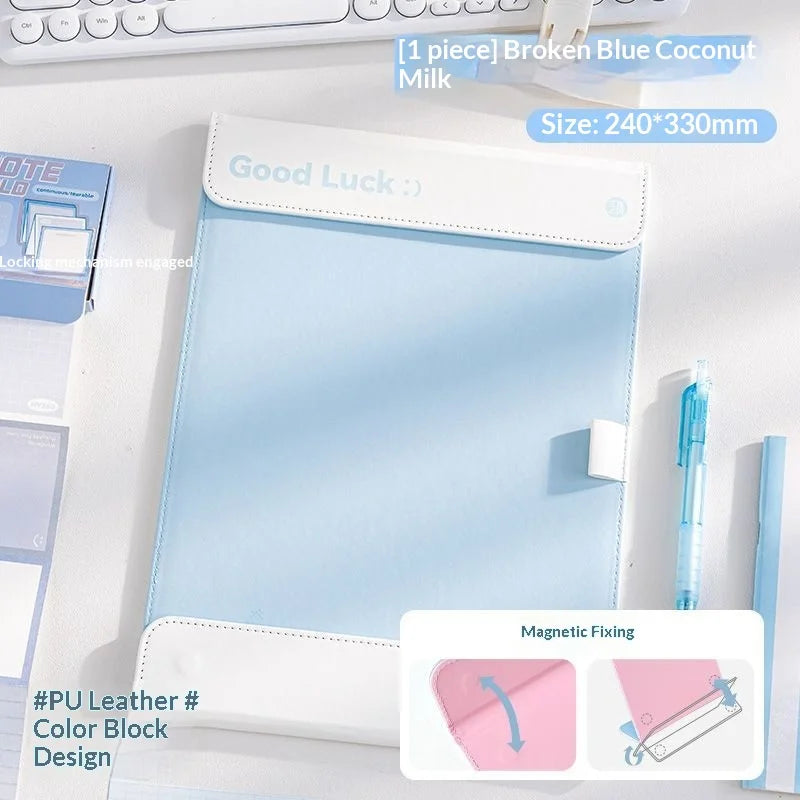 A light blue A4 leather clipboard with a magnetic closure and contrast stitching is shown on a white surface.