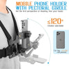 A mobile phone holder with a pectoral girdle and strap is shown being used for shooting.