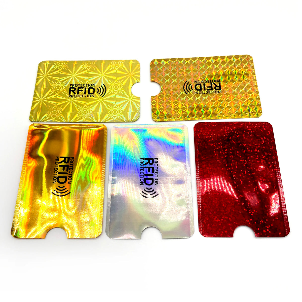 Five pieces of anti-theft RFID protection aluminum card holders in gold, yellow, silver, and red.