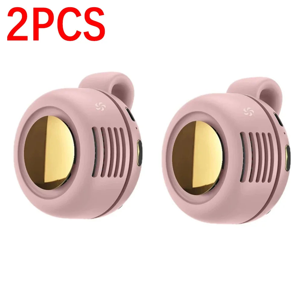 Two pink portable mini blade-less electric fans shown from the front.