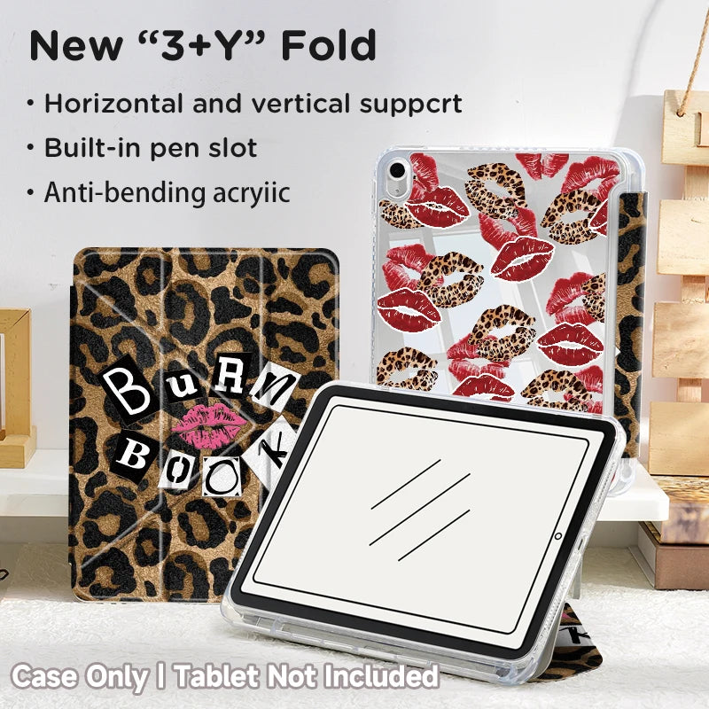 A clear protective case for an iPad featuring a leopard print design and built-in pen slot.