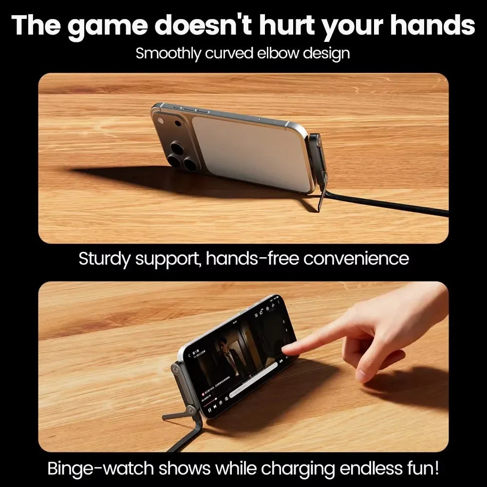 A close-up of a foldable Type-C charging cable and phone holder demonstrating its smooth elbow design and hands-free convenie
